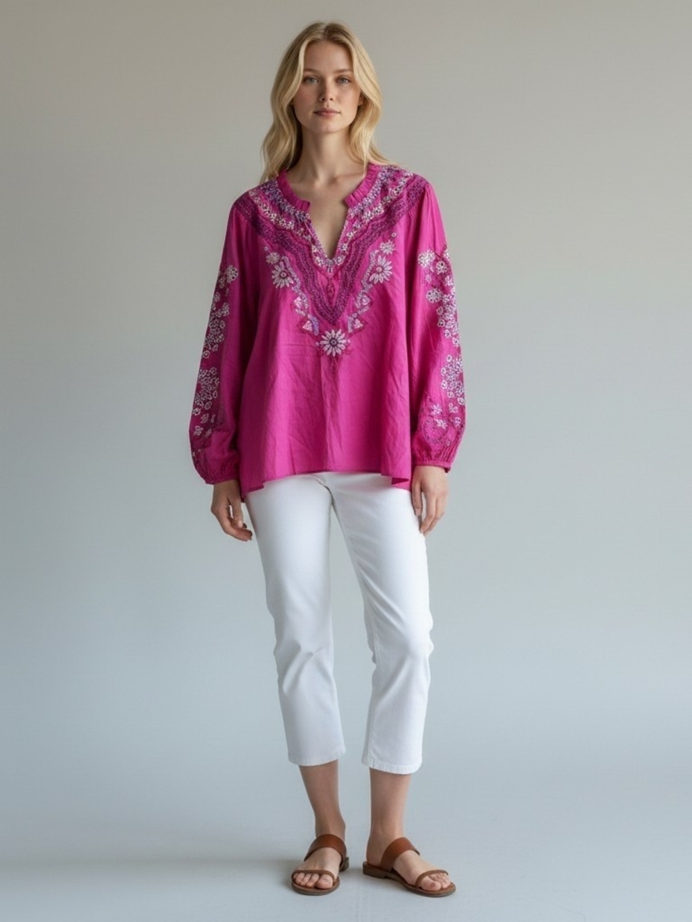 Soft Surroundings Fuchsia Embroidered V-Neck Tunic - Picture 4 of 12